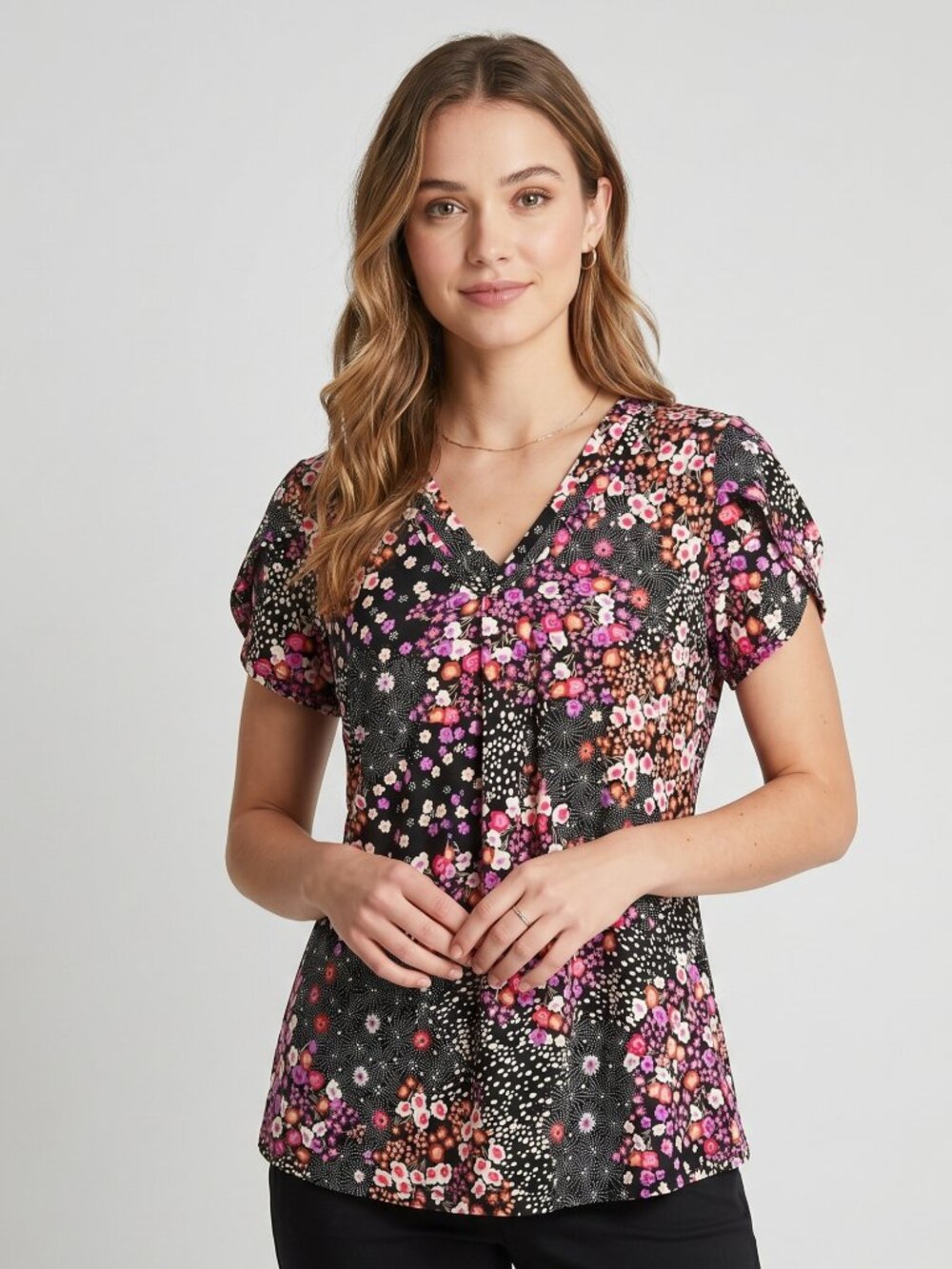 NWOT | Mixed Floral & Polka Dot V-Neck Top | Petal Sleeves | Small